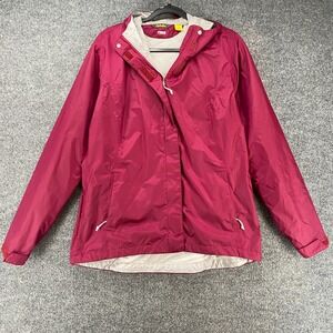 Cabelas Windbreaker Jacket Womens L Burgandy Nylon Full Zip Hooded Packable Rain
